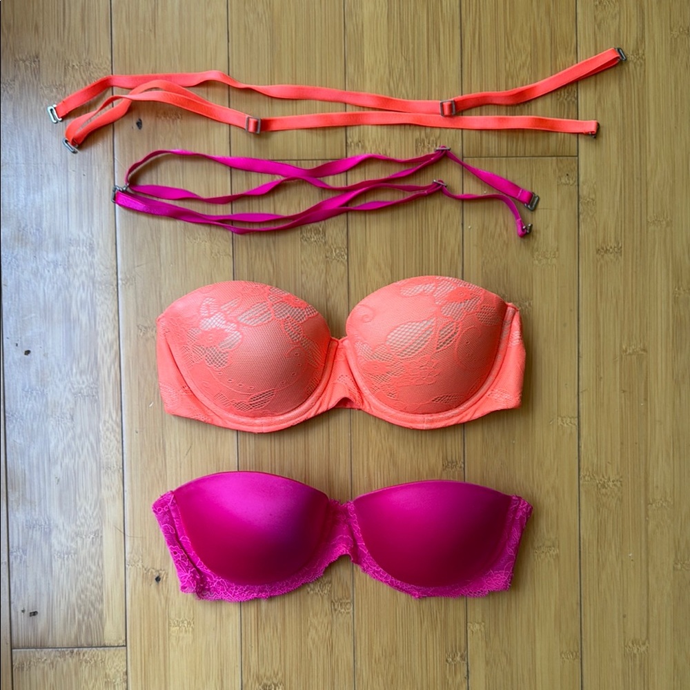 PINK Victoria's Secret Bright Orange and Pink Multi-Way Push-Up Bras